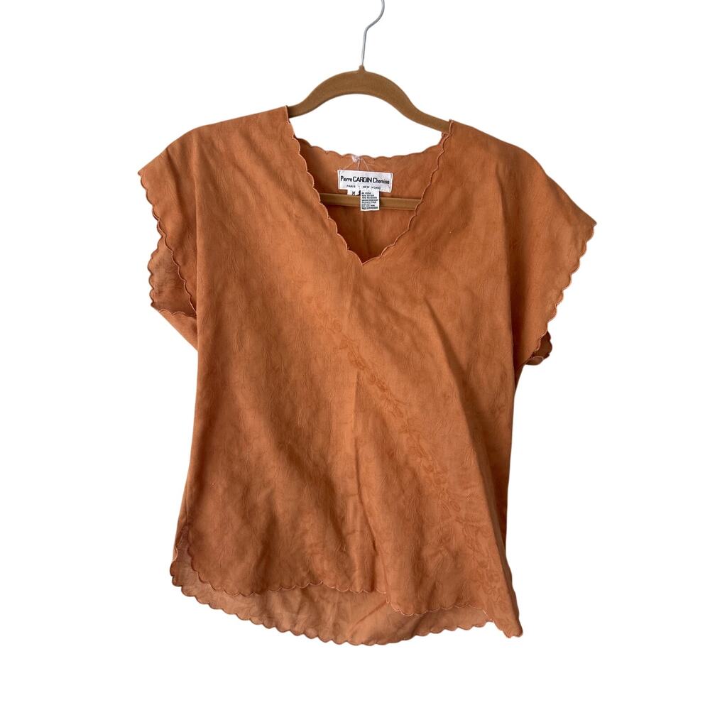 VTG Pierre Cardin Brown Floral Scalloped Short Sleeve Top Medium
